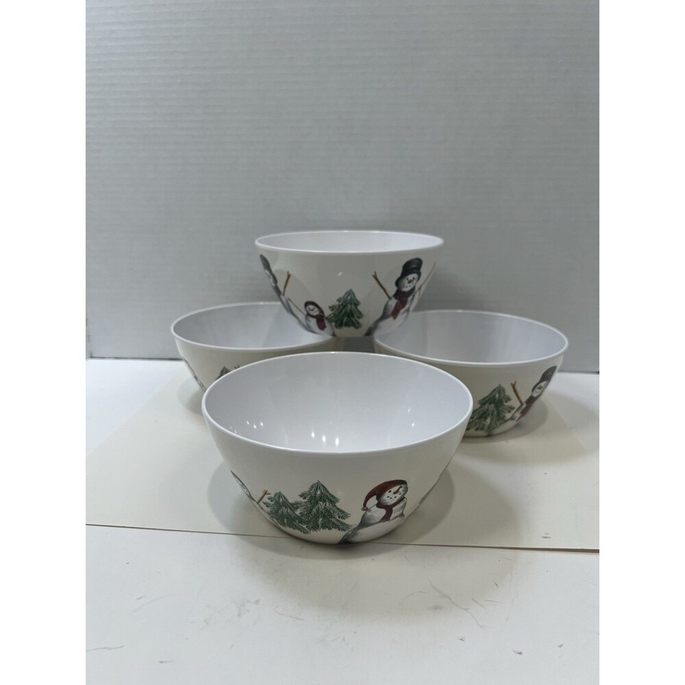 St. Nicholas Square Yuletide Melamine Cereal Bowls White Snowmen Set Of 4